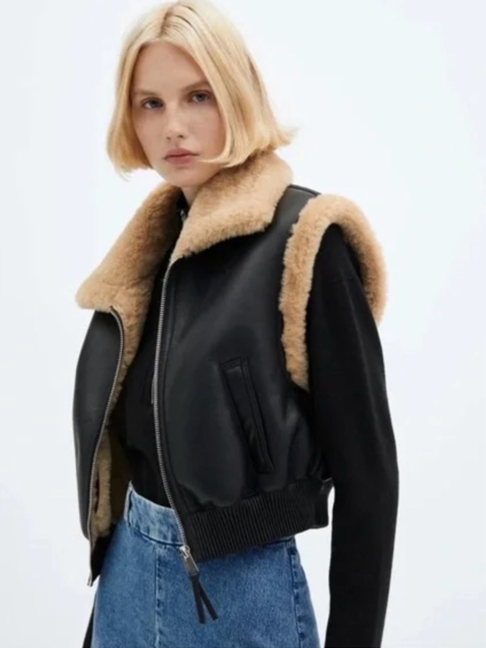 Mango Black Leather Vest with Camel Shearling Trim